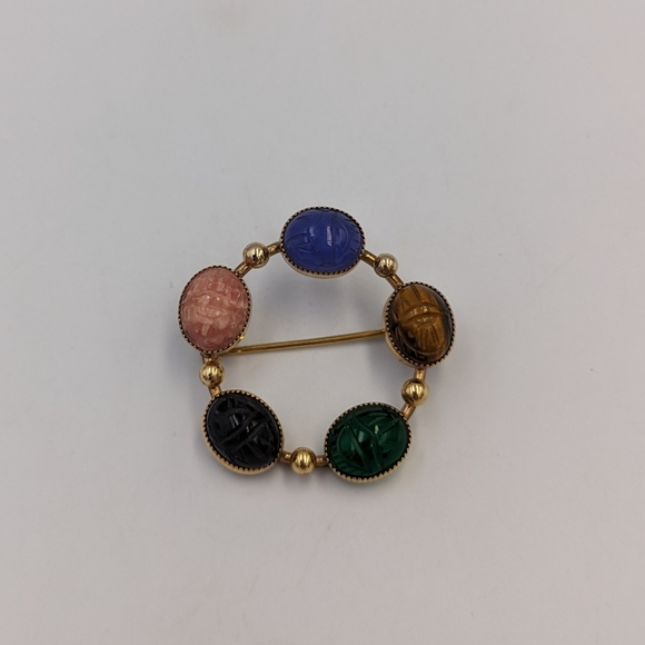 Egyptian Revival Danecraft Scarab Semiprecious Stones 12K gold filled Brooch - Picture 4 of 8